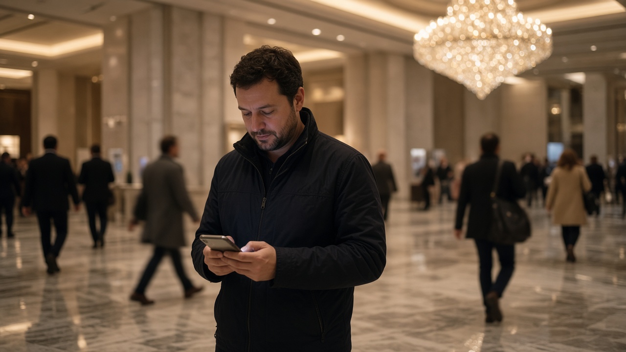 A person in a hotel lobby looking something up on a phone.
