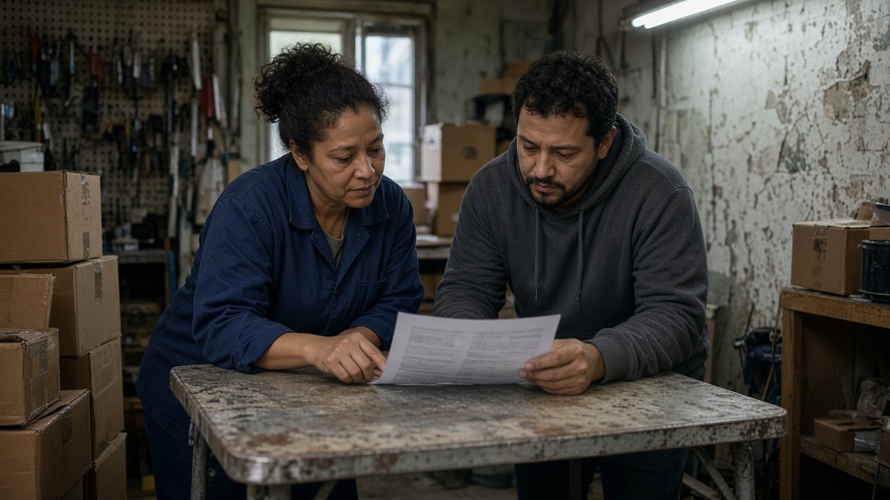Two people at a folding table in a shop back room reviewing a printed flyer.
