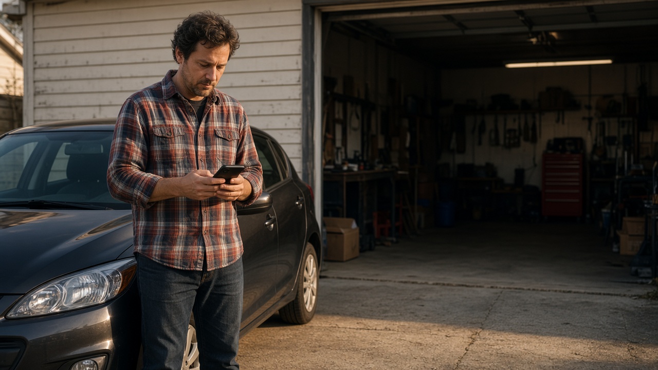 A driver looking at a phone beside a car outside a garage.